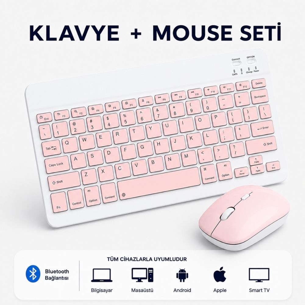 ScHitec Bluetooth Klavye + 2,4 Ghz+Bluetooth Mouse Seti Type-C Şarjlı Pembe
