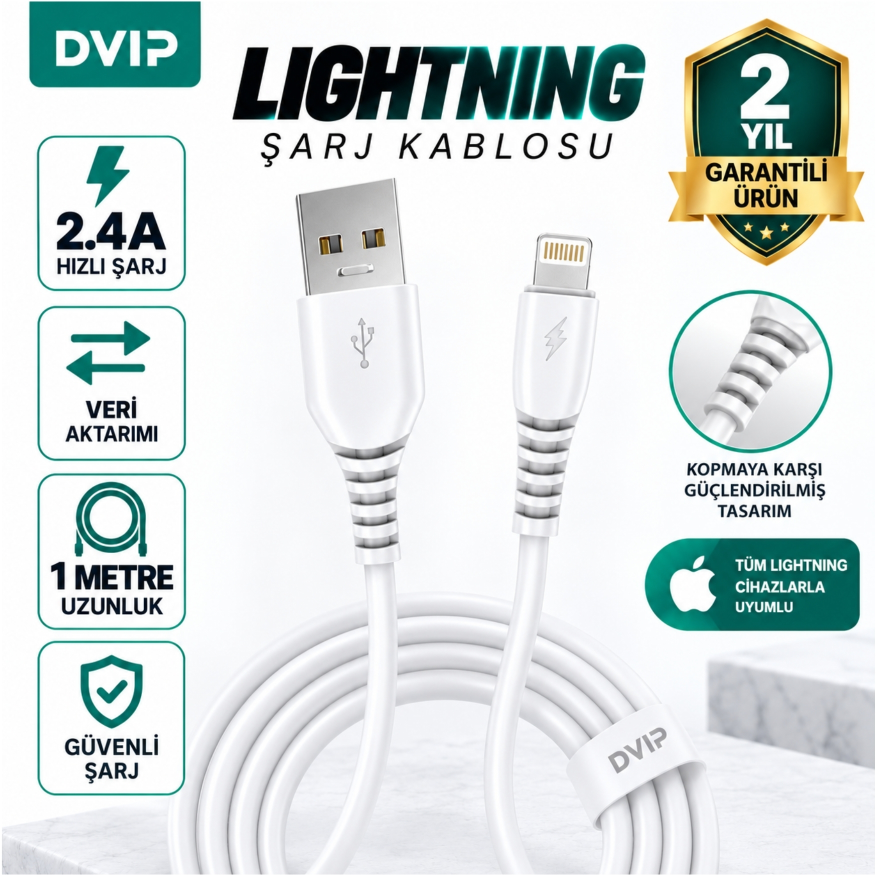 DVIP 27W UsbA to Lightning Data ve Hızlı Şarj Kablosu Beyaz Y100A27W