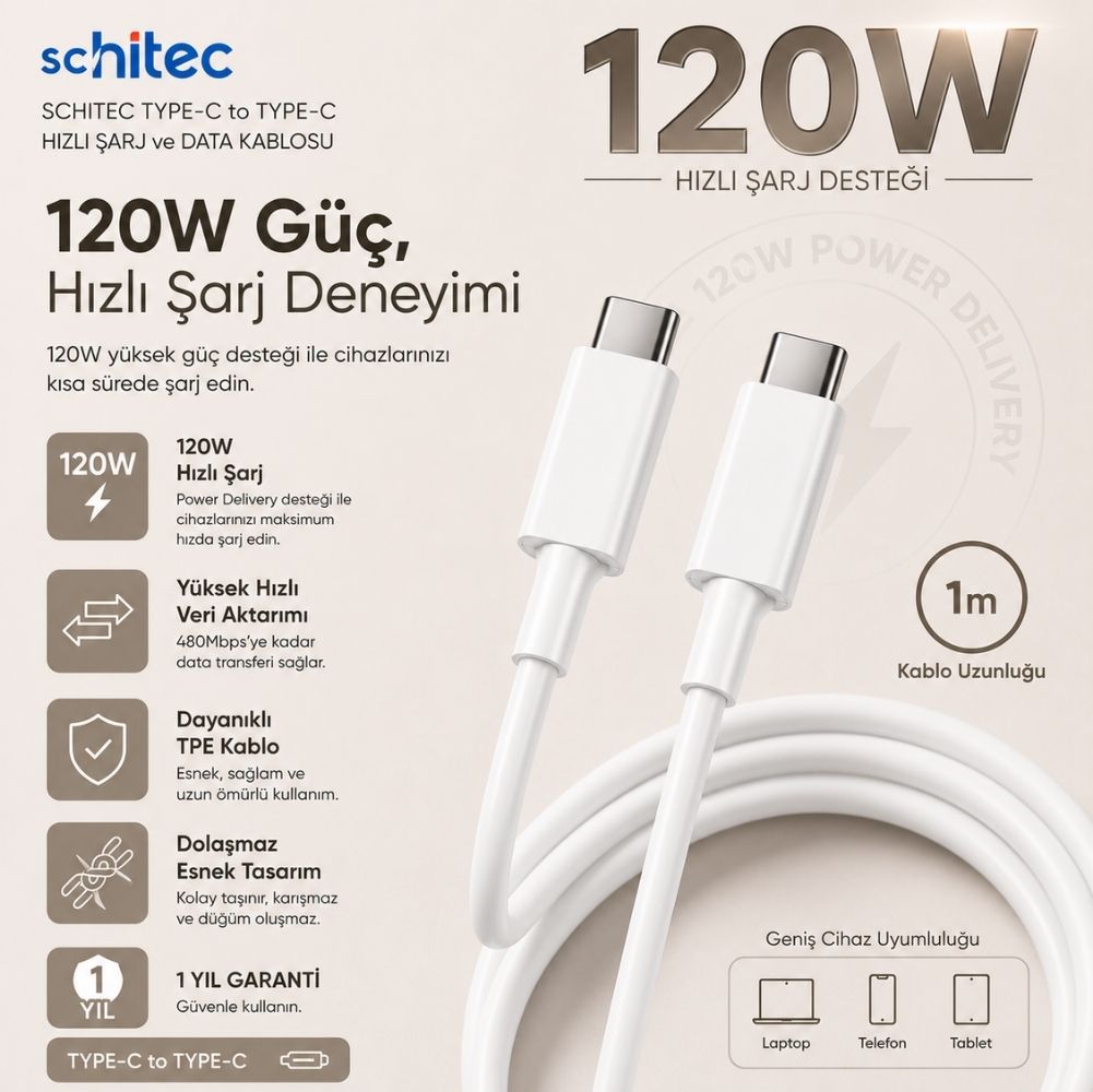 ScHitec 6A 120W Type-C to Type-C 1Metre Süper Hızlı Data ve Şarj Kablosu SX10