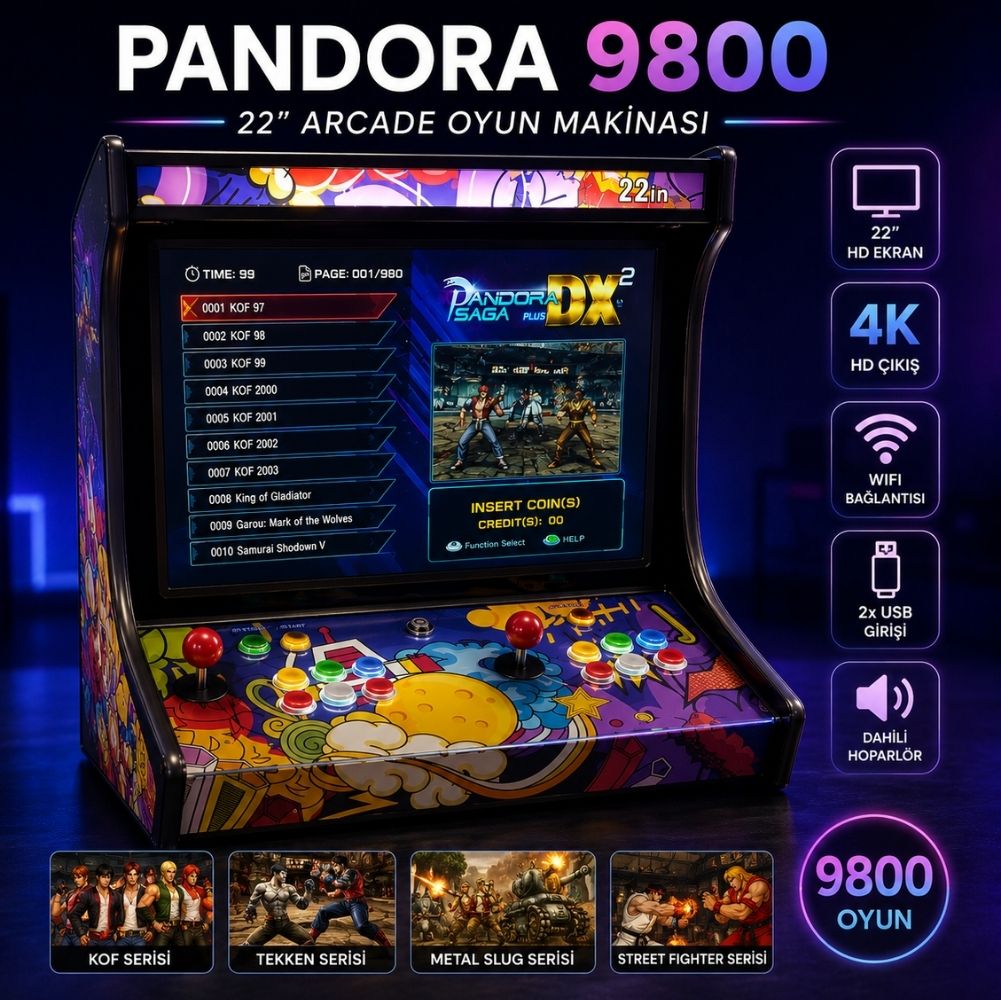 ScHitec 4KHD 3D Pandora 9800 Arcade Oyunlu Taşınabilir Pandora Masaüstü Kabinli 22inç Atari Makinası 