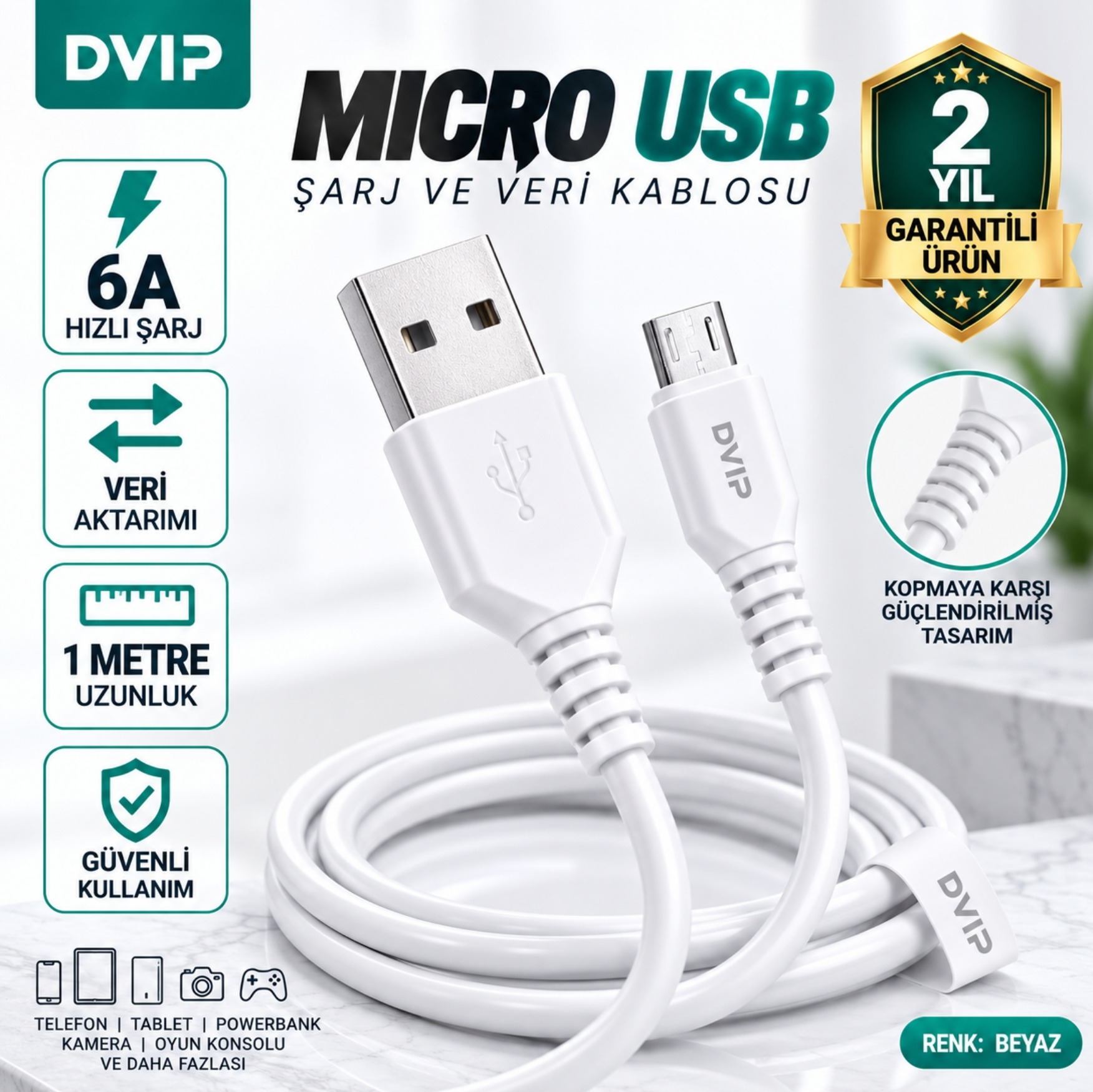 DVIP S11M 6A UsbA to Micro Hızlı Data ve Şarj Kablosu Beyaz