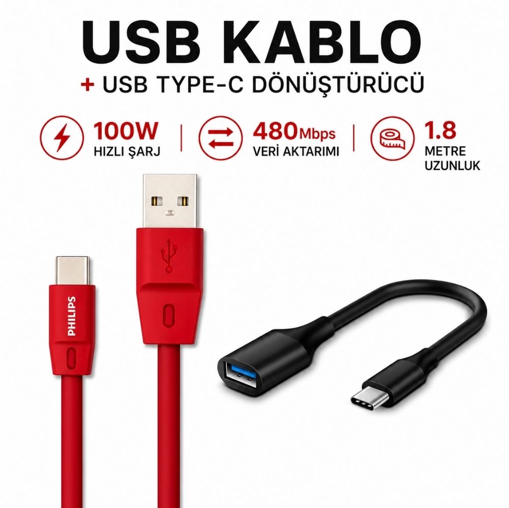 Philips 5A 100W UsbA to Type-C 1.8 M Hızlı Şarj ve Data Kablosu + ScHitec Type-C to UsbA 3.0 OTG Dönüştürücü Adaptör