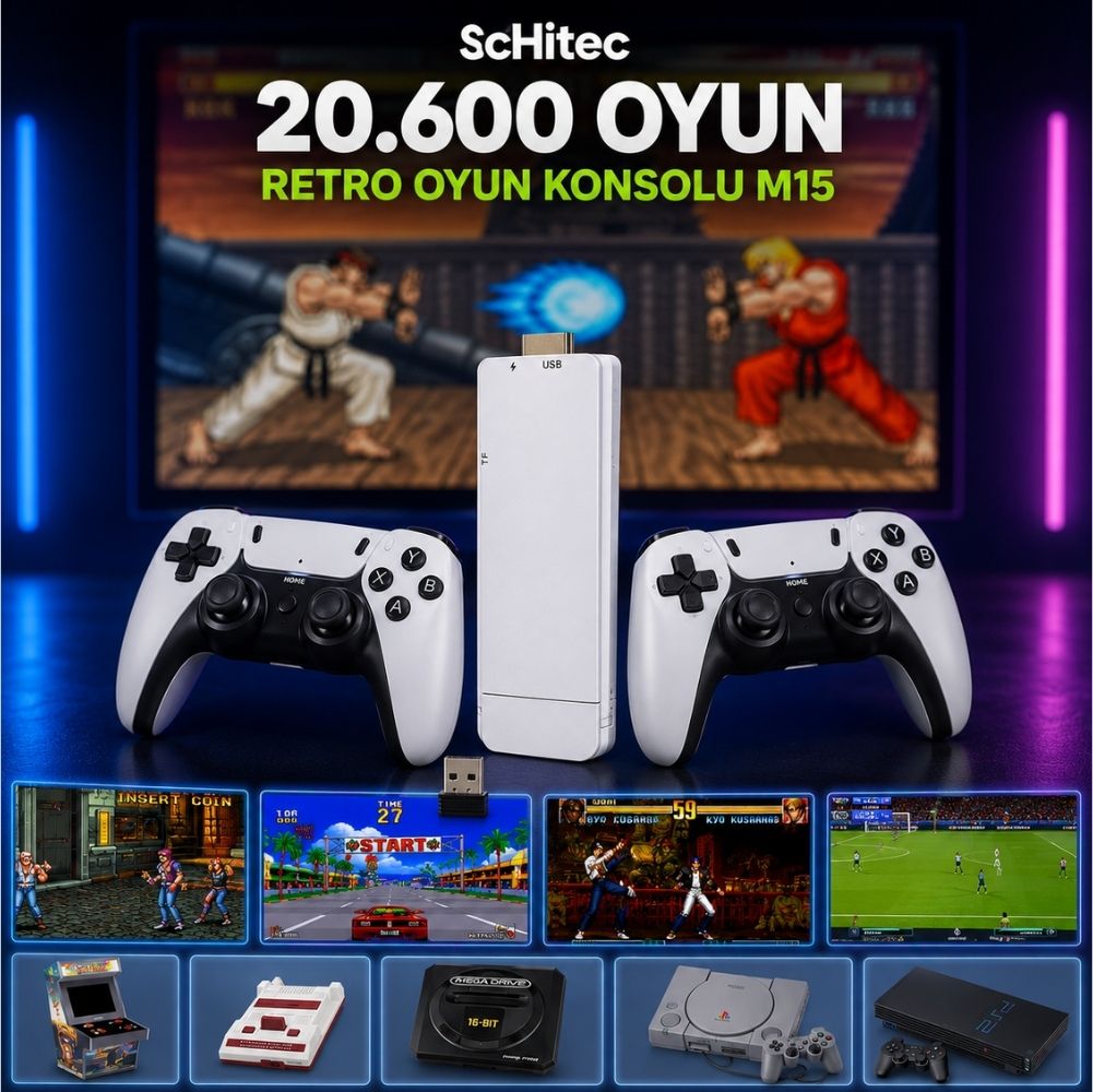 ScHitec Arcade 4KHD Emuelec Retro Game Stick 90 lı Yıllar Atari Makinası Oyunları 20600 Oyunlu Konsol M15