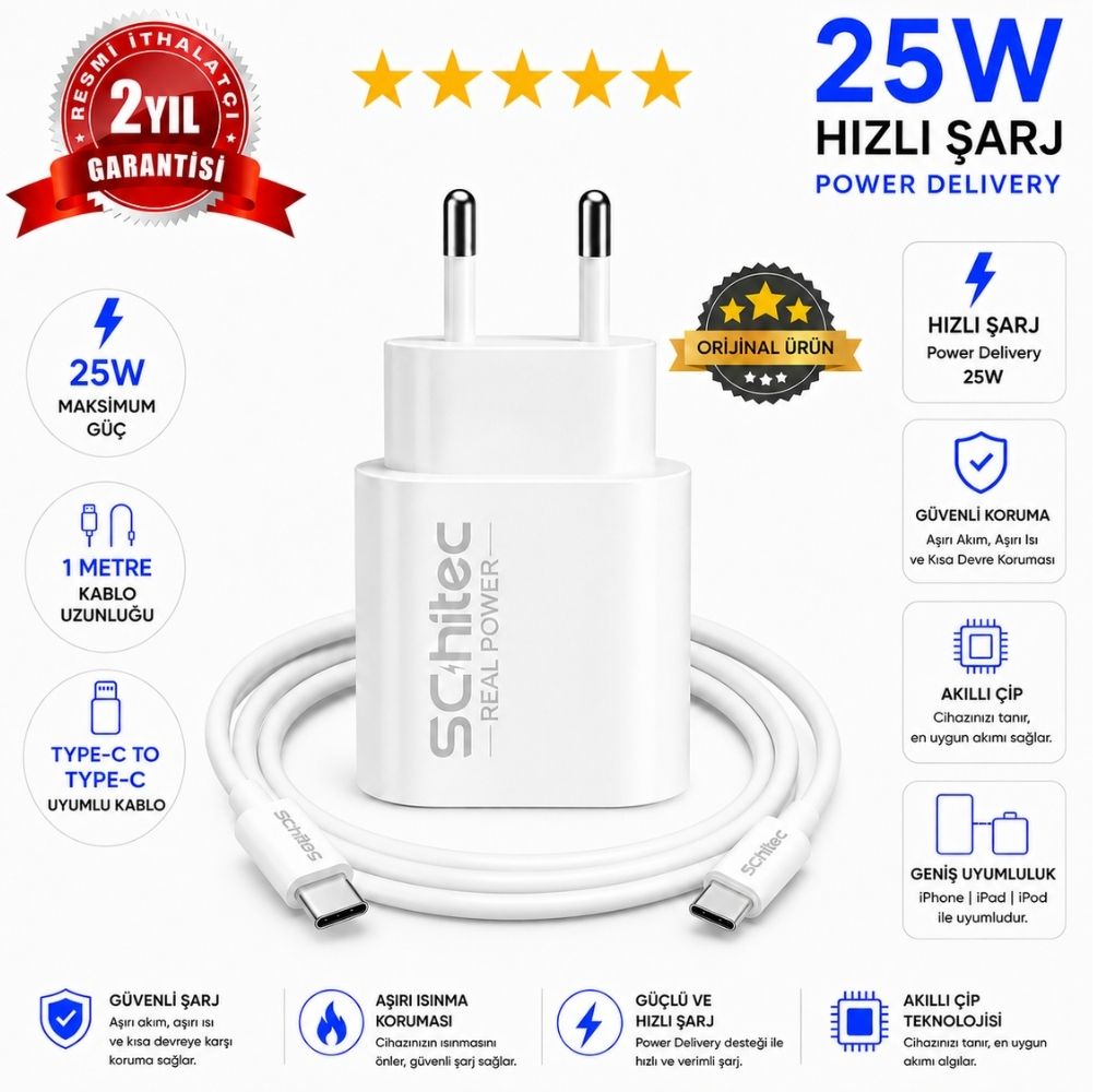 SChitec 25W Type-C Çıkışlı Hızlı Şarj Aleti Type-C to Type-C Kablolu Set Beyaz SC002