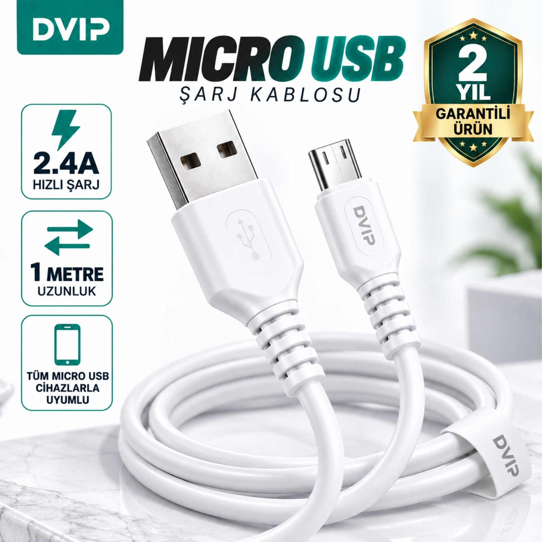 DVIP S01M 6A 67W Fast Charging UsbA to Micro Data ve Hızlı Şarj Kablosu 1M Beyaz
