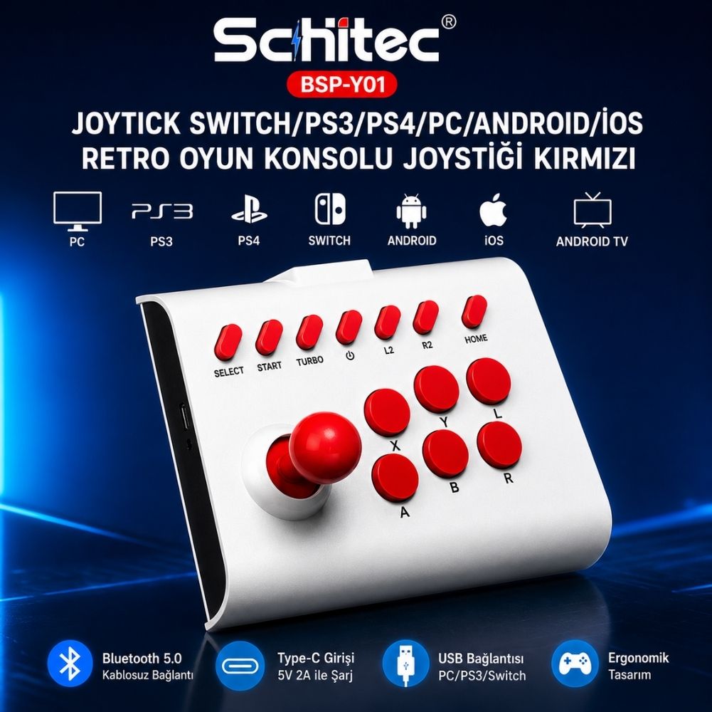 ScHitec BSP-Y01 Joystick Switch/Ps3/Ps4/Pc/Android/İos MF/TV Retro Oyun Konsolu Joystiği Kırmızı