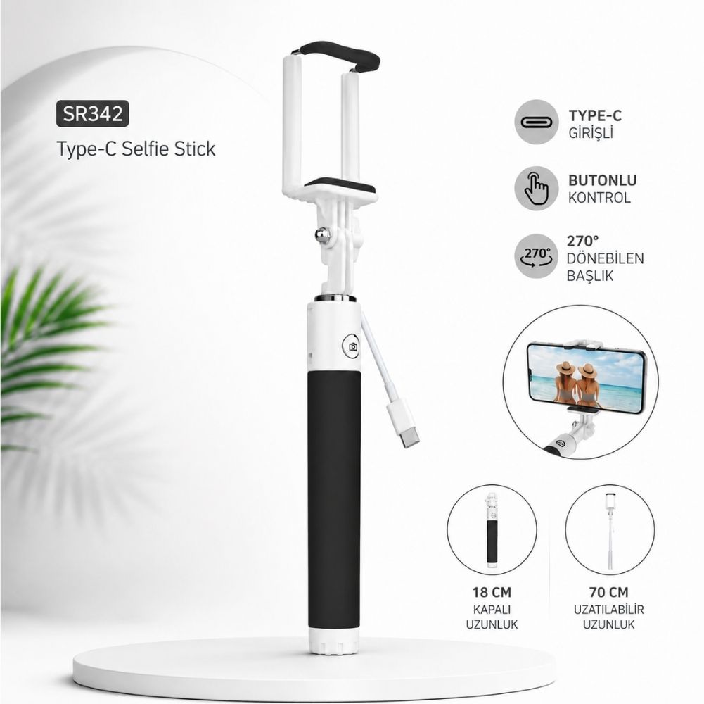 Winex SR342 Katlanabilir Type-C Girişli Selfie Stick Çubuğu Siyah