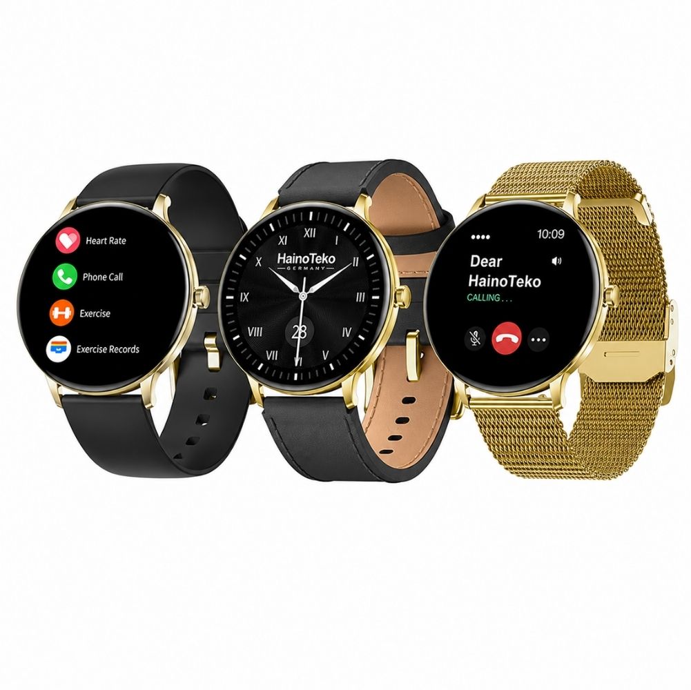 HainoTeko-27 Waterproof Akıllı Saat AMOLED Ekran Bluetooth Arama 3 Kordon Set Gold