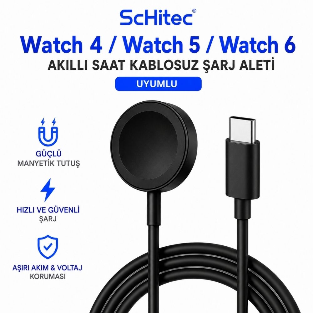 ScHitec Samsung Watch 4/Watch 5/ Watch 6 Uyumlu Type-C Girişli Fast Wireless Charge Hızlı Kablosuz Akıllı Saat Şarj Cihazı 