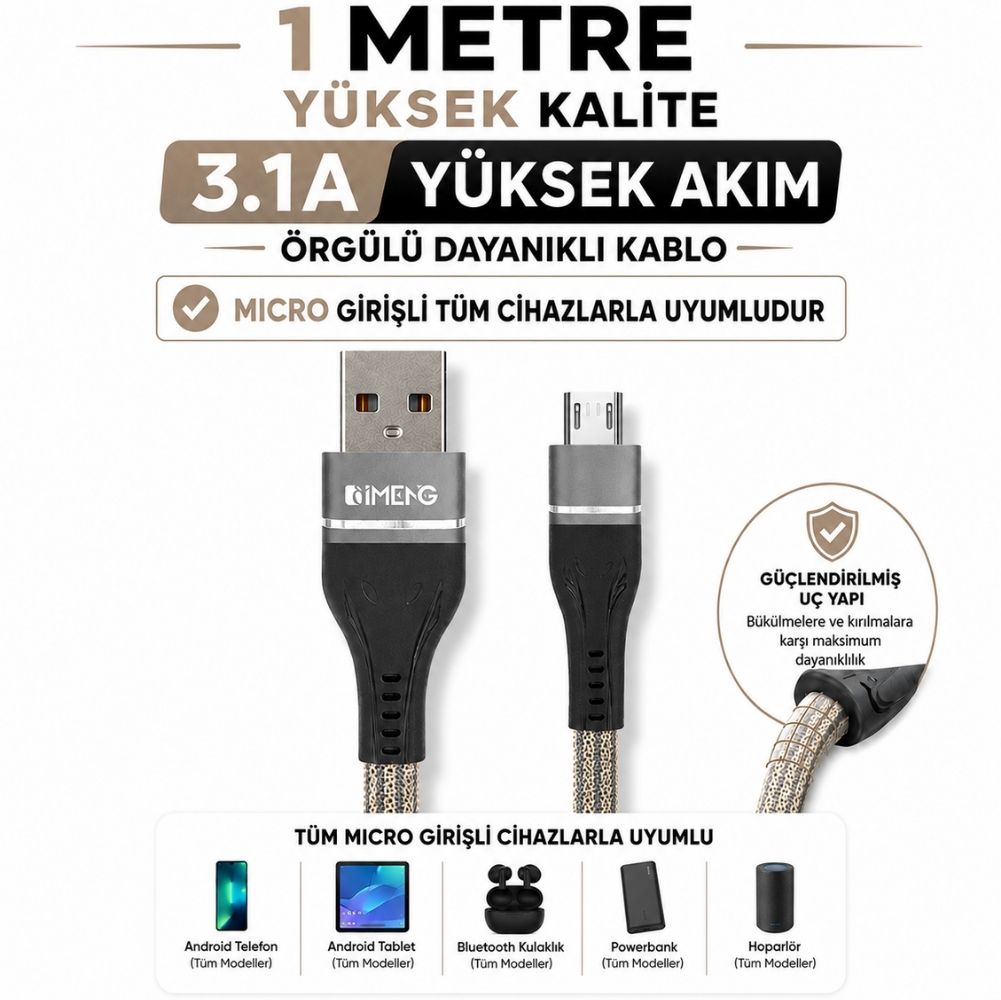 İmeng 3.1A UsbA to Micro Örgülü Data ve Şarj Hızlı Kablosu ML108 Gri
