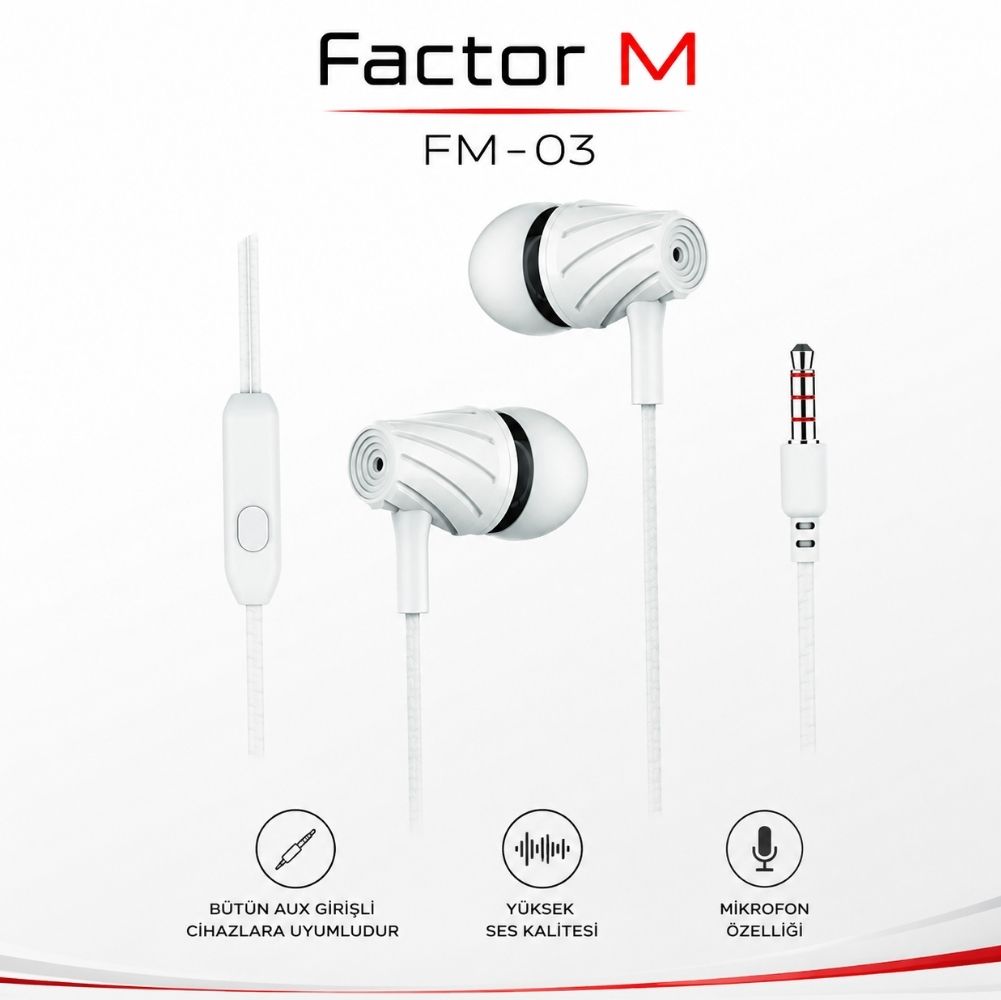 Factor M FM­03 Kulakiçi Mikrofonlu Kablolu Kulaklık Beyaz (FM­FM03KB)