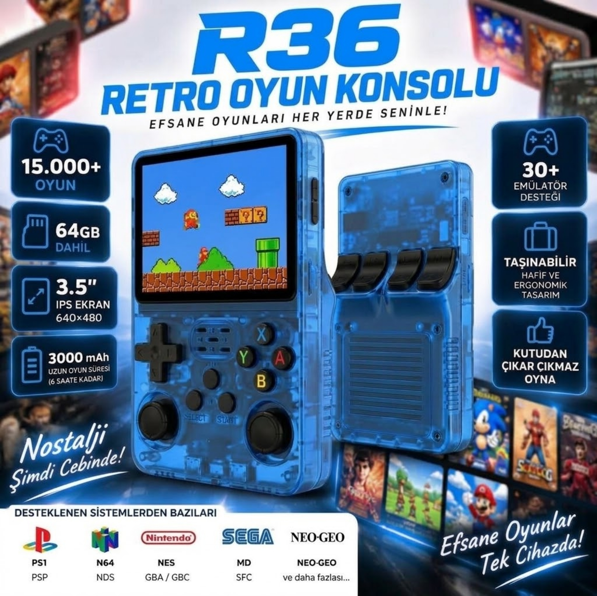 ScHitec 3.5 Inç OTG Çıkışlı Taşınabilir Retro Oyun Konsolu 15000+ Oyunlu El Atari Şeffaf Mavi R36S