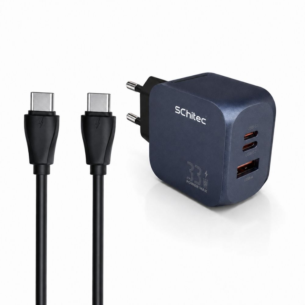 SChitec 33W GaN 3 Portlu Hızlı Şarj Adaptörü USB-C + USB-A + Lightning 1m Kablolu Set Sİyah Q5
