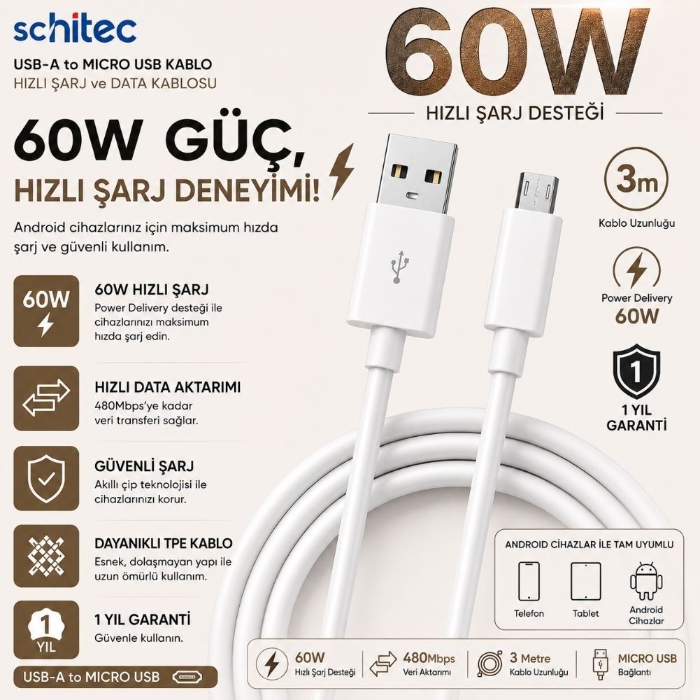 ScHitec 3A 60W UsbA to Type-C Hızlı Data ve Şarj Kablosu 3 Metre Beyaz SX22 ScHitecSX22