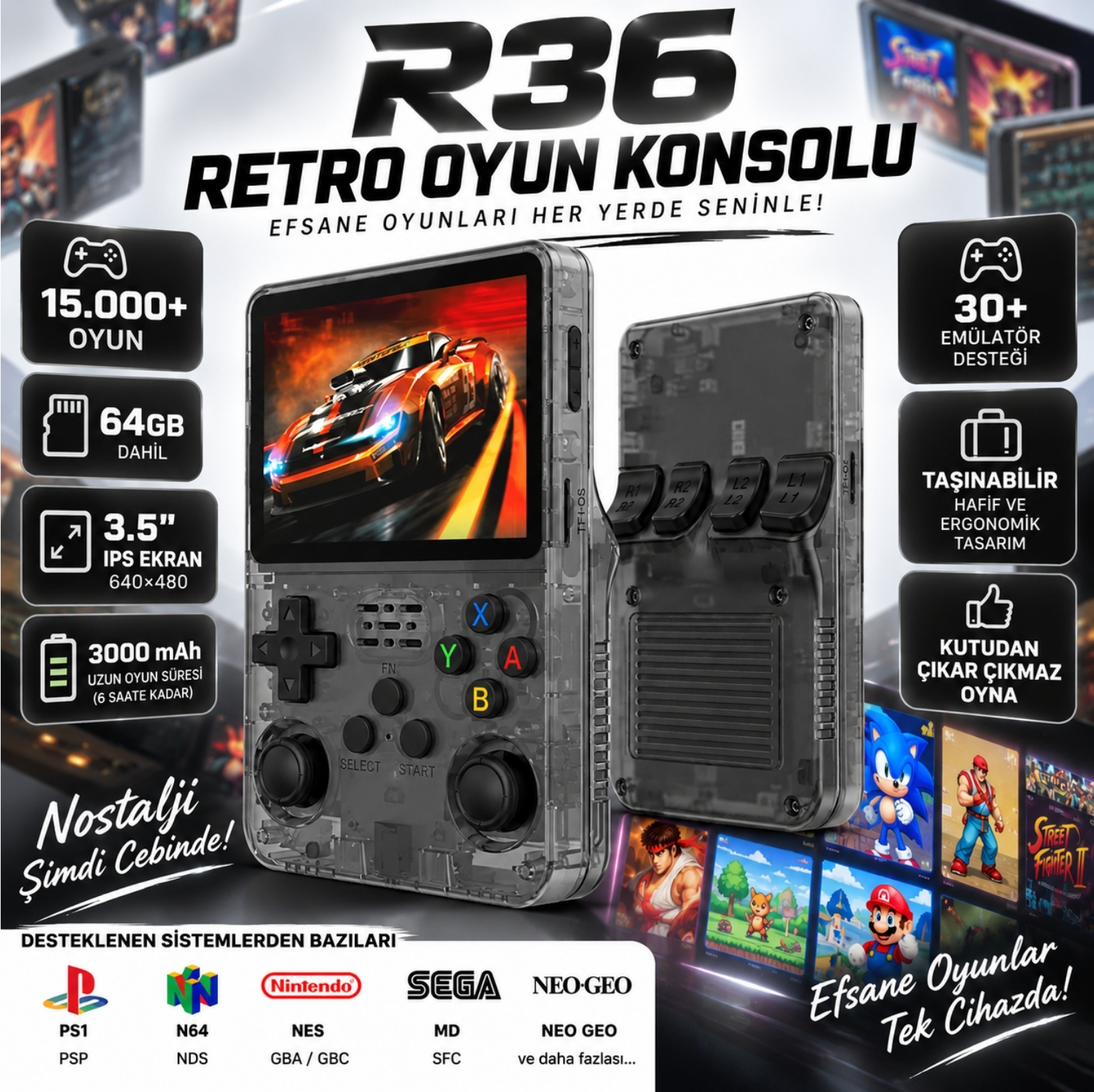 ScHitec 3.5 Inç OTG Çıkışlı Taşınabilir Retro Oyun Konsolu 15000+ Oyunlu El Atari Şeffaf Siyah R36S