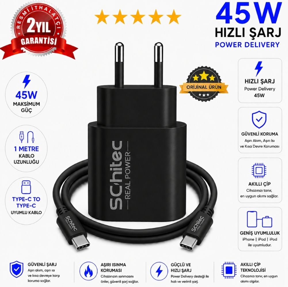 SChitec 45W Type-C Çıkışlı Hızlı Şarj Aleti Type-C to Type-C Kablolu Set Siyah SC008