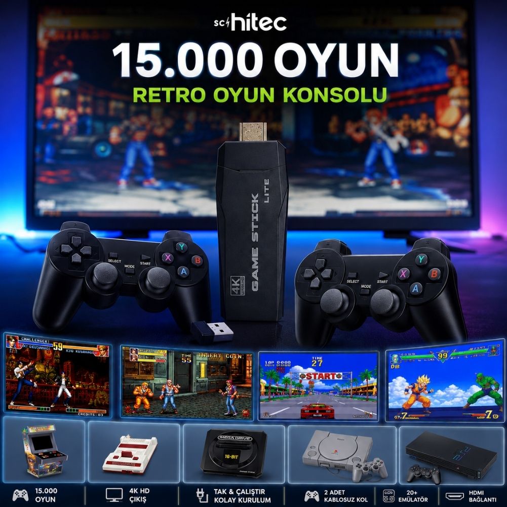 ScHitec Arcade Yeni 4KHD Retro Game Stick 90 lı Yıllar Atari Makinası Oyunları 15000 Oyunlu Konsol