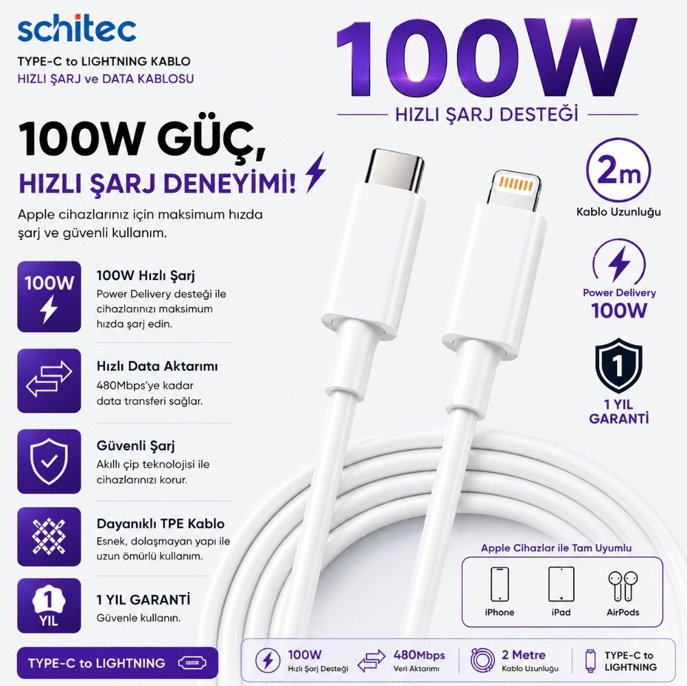 ScHitec 6A 100W Type-C to Lightning Hızlı Data ve Şarj Kablosu 2 Metre Beyaz SX21