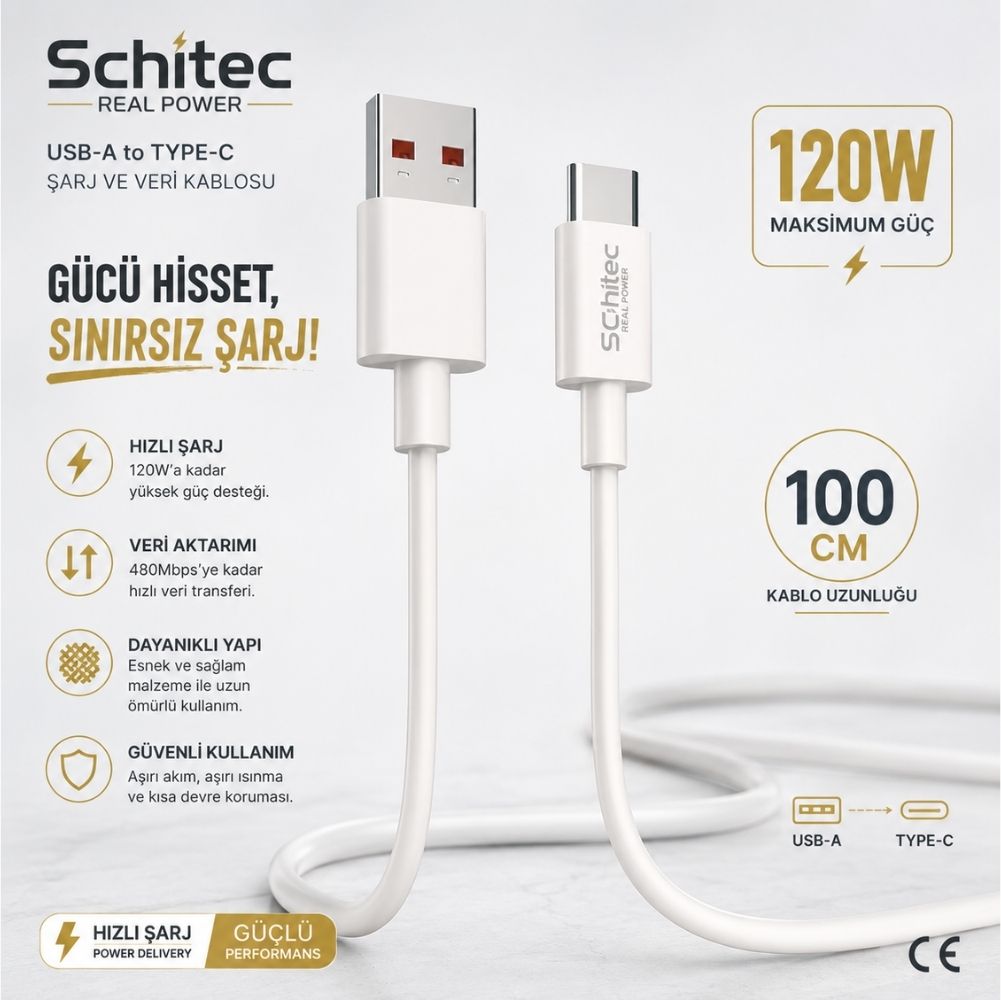 SChitec 6A 120W USB-A to Type-C Hızlı Şarj ve Data Kablosu 1m Beyaz SK002