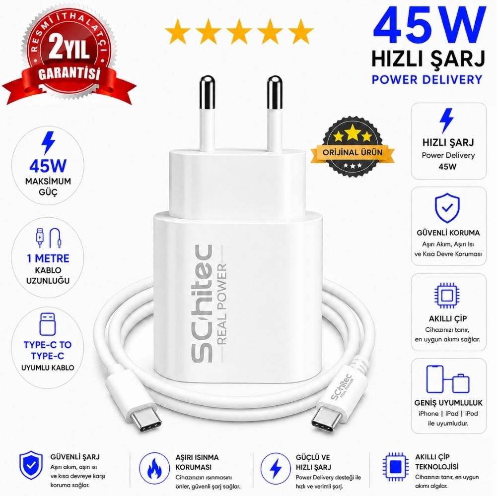 SChitec 45W Type-C Çıkışlı Hızlı Şarj Aleti Type-C to Type-C Kablolu Set Beyaz SC007