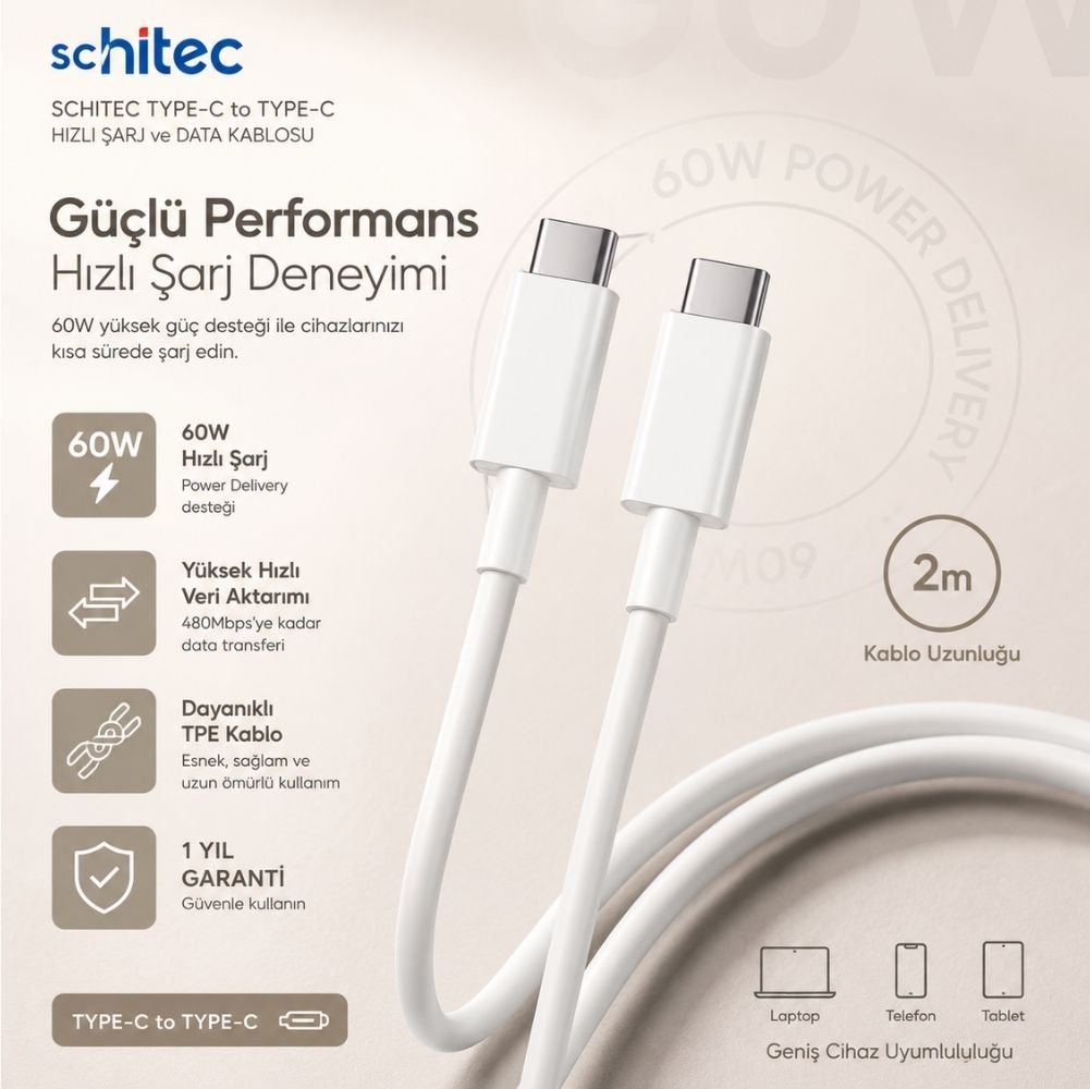 ScHitec 6A 60W Type-C to Type-C 2Metre Süper Hızlı Data ve Şarj Kablosu
