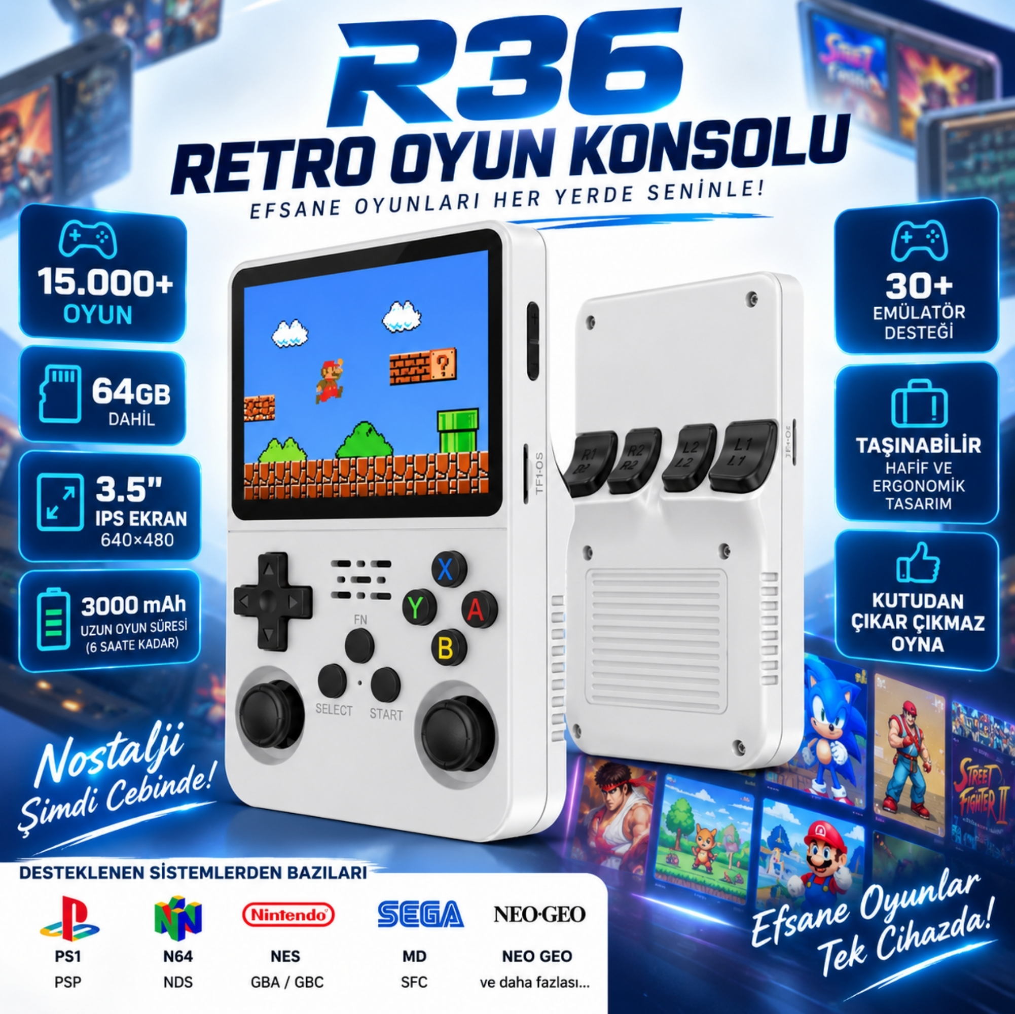 ScHitec 3.5 Inç OTG Çıkışlı Taşınabilir Retro Oyun Konsolu 15000+ Oyunlu El Atari Beyaz R36S