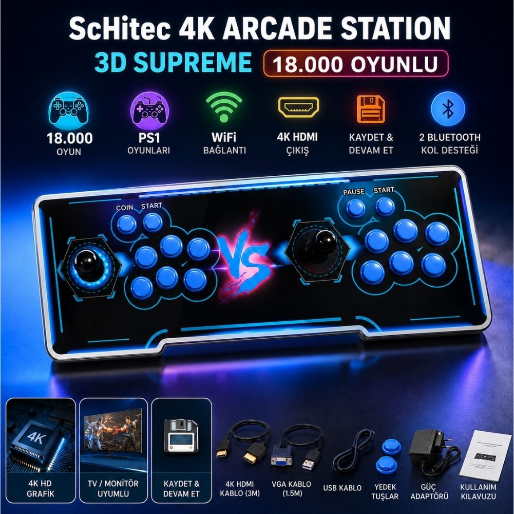 ScHitec 4K Arcade Station 3D Supreme 18000 Oyunlu TV Baglanan Atari Makinası