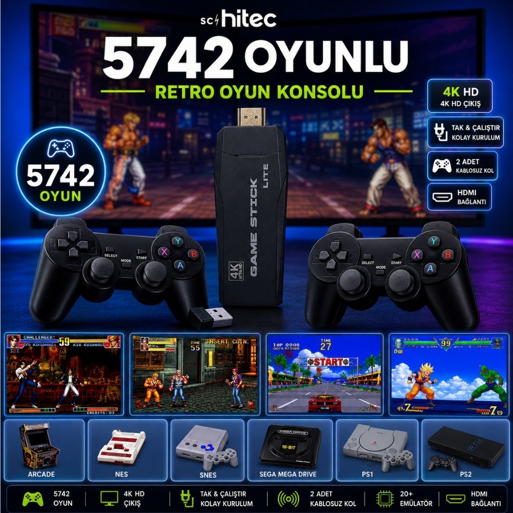 ScHitec Arcade Yeni 4KHD Retro Game Stick 90 lı Yıllar Atari Makinası Oyunları 5742 Oyunlu Konsol