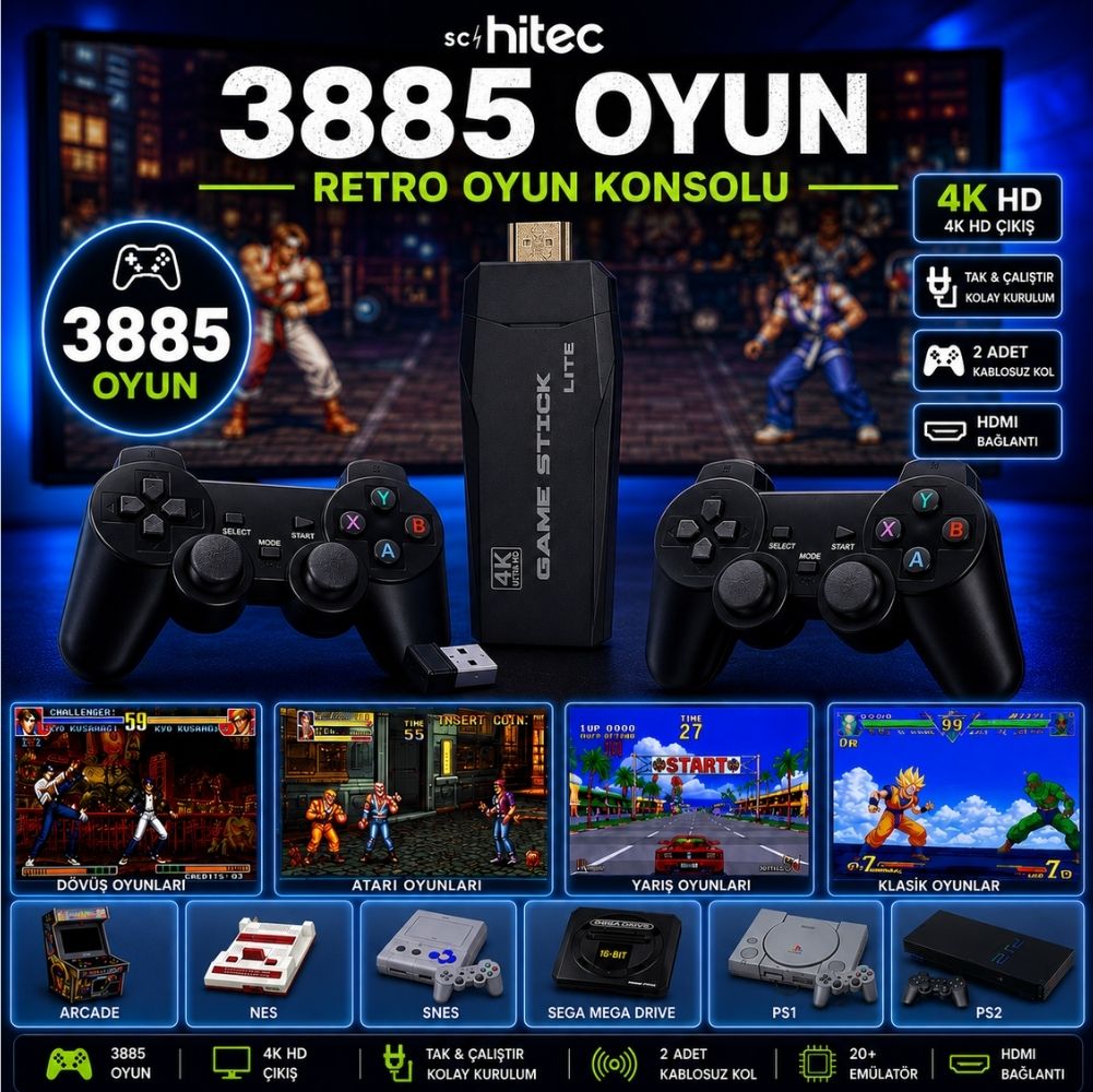 ScHitec Arcade 4KHD Retro Game Stick 90 lı Yıllar Atari Makinası Oyunları 3885 Oyunlu Konsol