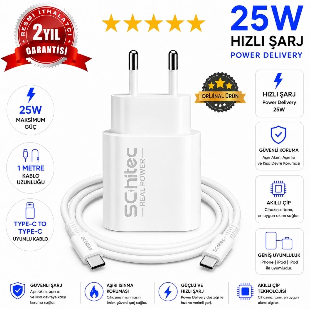 SChitec 25W Type-C Çıkışlı Hızlı Şarj Aleti Type-C to Type-C Kablolu Set Beyaz SC005