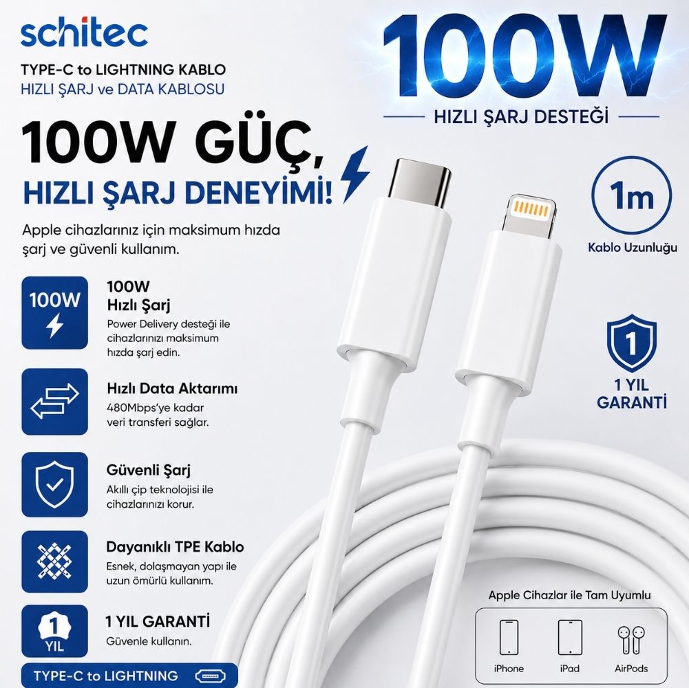 ScHitec 6A 100W Type-C to Lightning Hızlı Data ve Şarj Kablosu 1 Metre Beyaz SX11