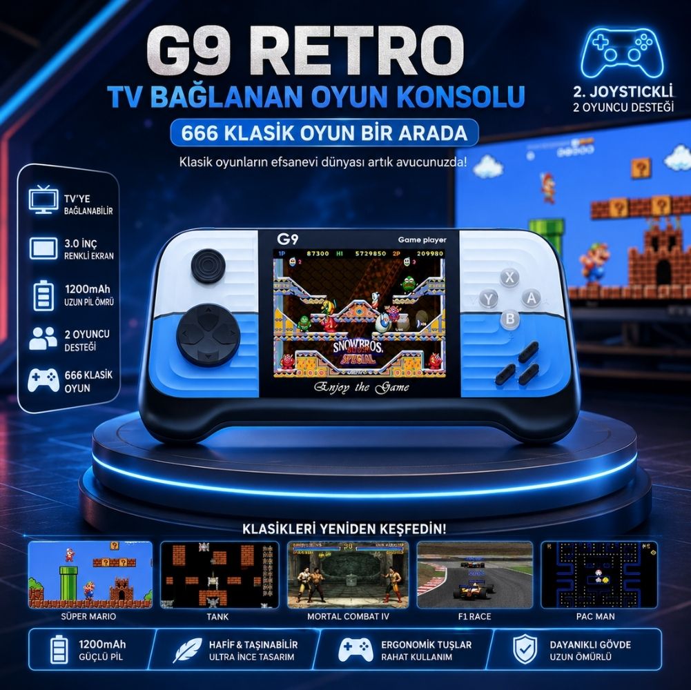 ScHitec G9 Retro 3.0 inç Tv Bağlanan 2.Joystickli Oyun Konsolu Mavi (666 Klasik Oyunlar)
