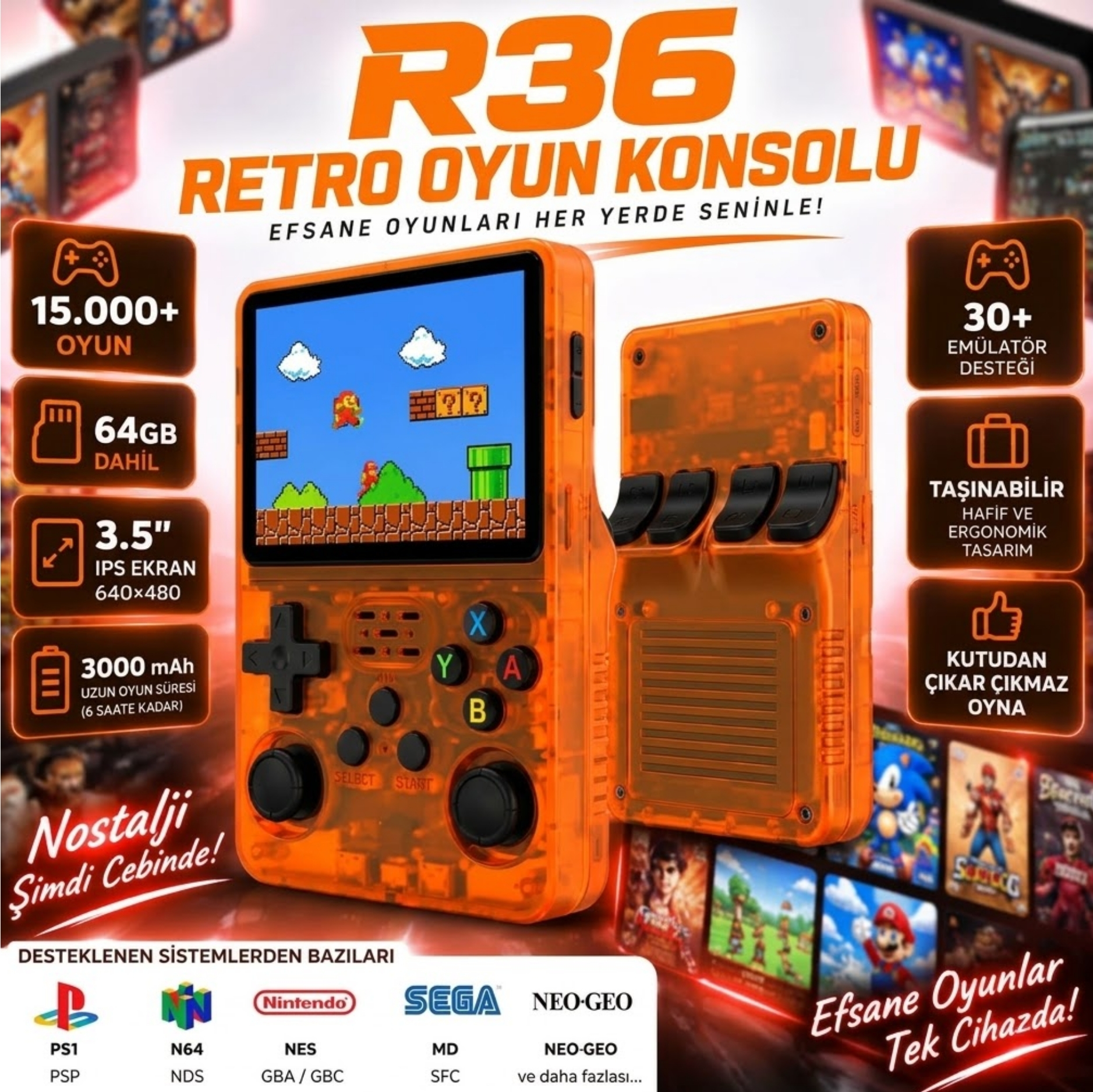 ScHitec 3.5 Inç OTG Çıkışlı Taşınabilir Retro Oyun Konsolu 15000+ Oyunlu El Atari Şeffaf Turuncu R36S