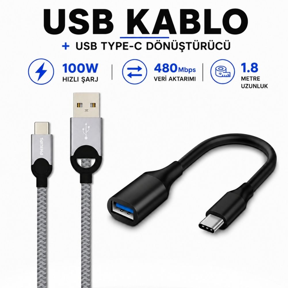 Philips 5A 100W UsbA to Type-C Örgülü 1.2M Hızlı Şarj Data Kablosu+ ScHitec Type-C to UsbA 3.0 OTG Dönüştürücü Adaptör