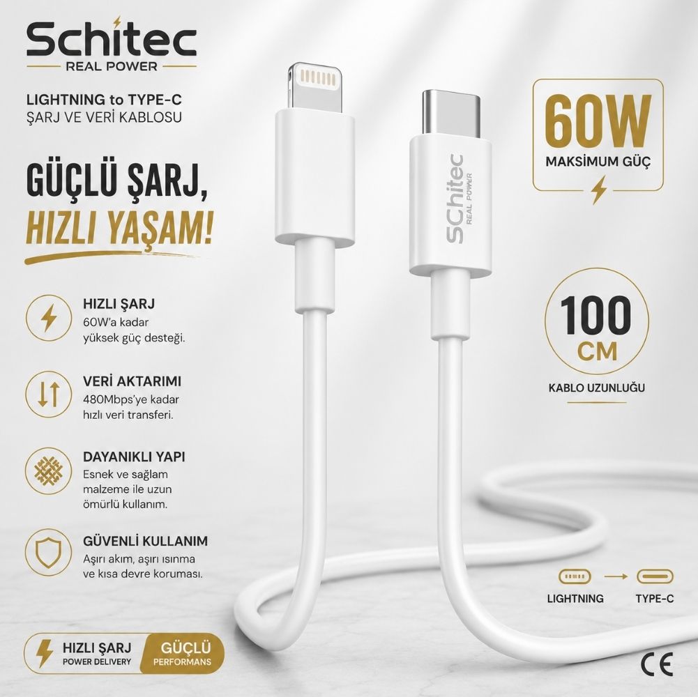 SChitec 60W Type-C to Lightning Data ve Hızlı Şarj Kablosu Telefon, İpad Uyumlu Beyaz SK003