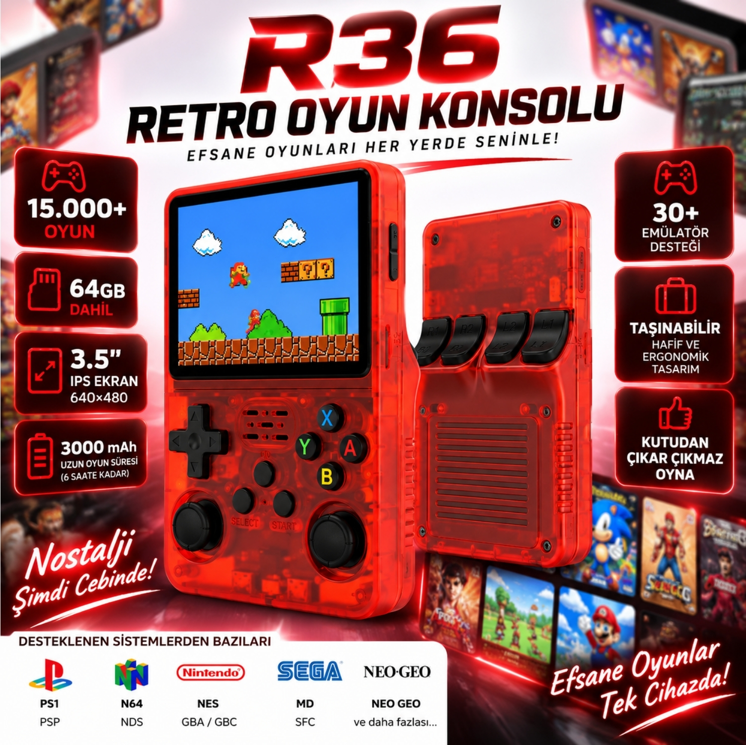 ScHitec 3.5 Inç OTG Çıkışlı Taşınabilir Retro Oyun Konsolu 15000+ Oyunlu El Atari Şeffaf Kırmızı R36S
