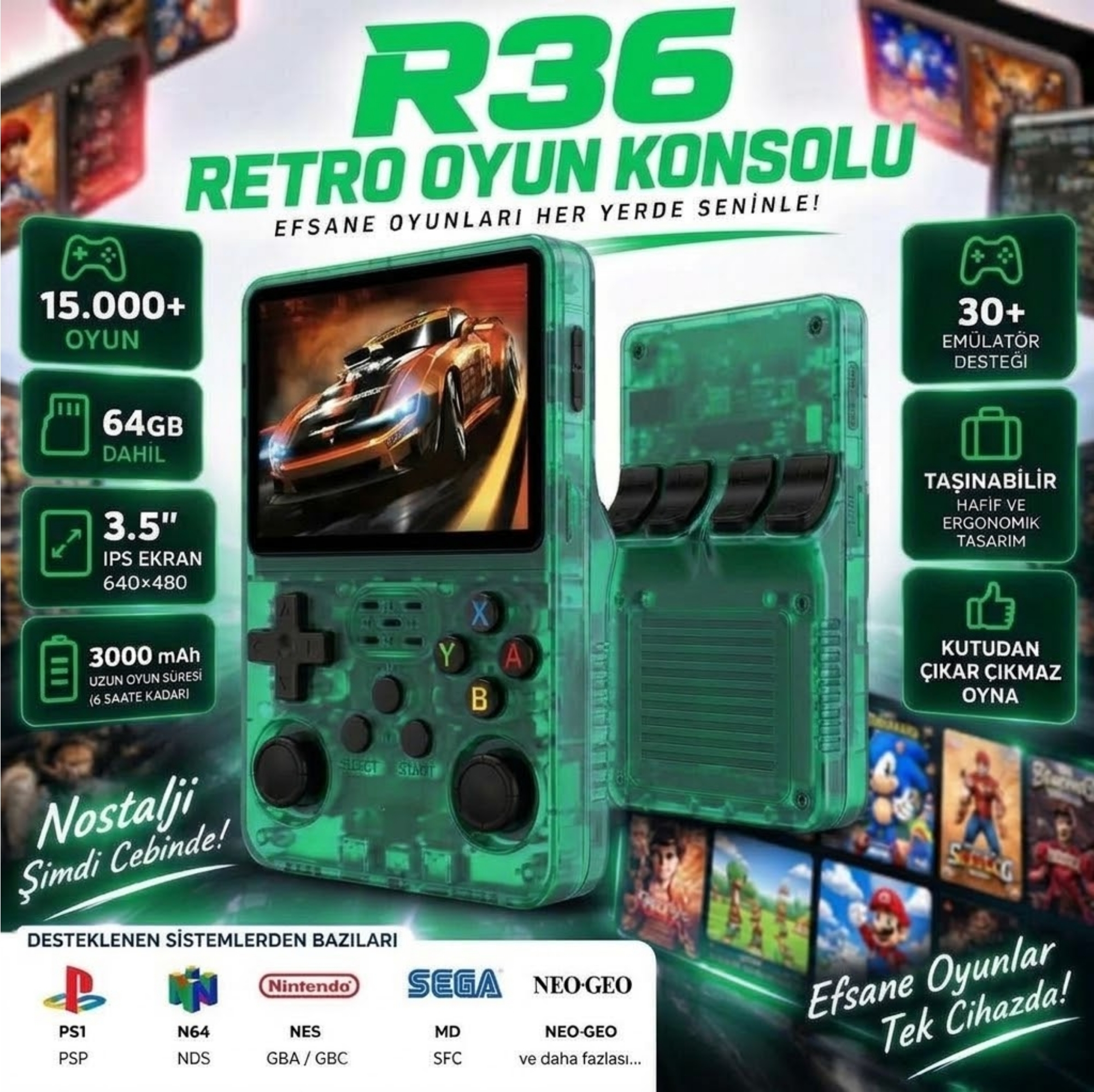 ScHitec 3.5 Inç OTG Çıkışlı Taşınabilir Retro Oyun Konsolu 15000+ Oyunlu El Atari Şeffaf Yeşil R36S