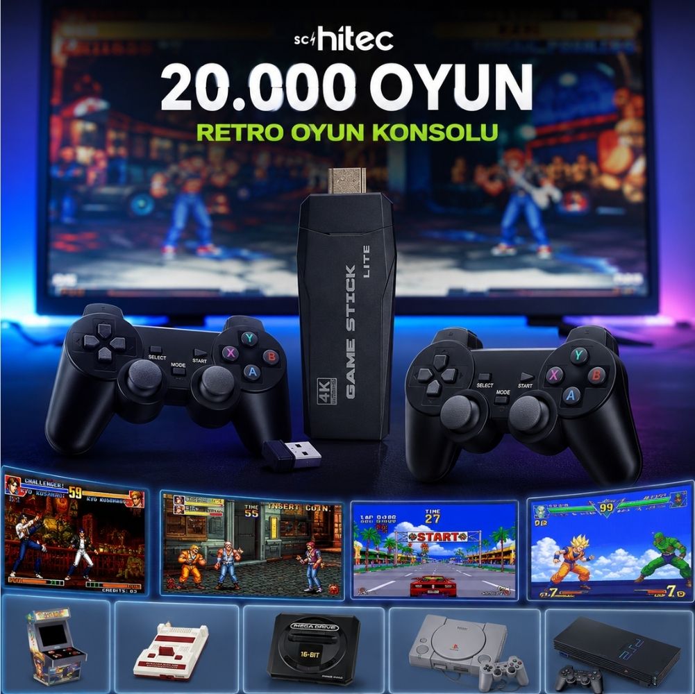 ScHitec Arcade Yeni 4KHD Retro Game Stick 90 lı Yıllar Atari Makinası Oyunları 20000 Oyunlu Konsol